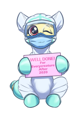 Size: 1200x1800 | Tagged: safe, artist:ravistdash, derpibooru exclusive, derpibooru import, oc, oc:массы, earth pony, pony, 2021 community collab, coronavirus, covid-19, derpibooru community collaboration, environmental suit, face mask, female, mask, not fluttershy, sign, simple background, sitting, smiling, transparent background, virus