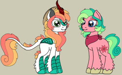 Size: 1024x629 | Tagged: safe, artist:rosefang16, derpibooru import, oc, oc only, oc:acacia, oc:orchard fire, kirin, pony, brother and sister, brown background, duo, female, interspecies offspring, kirin hybrid, male, offspring, parent:big macintosh, parent:oc:dahlia, parents:canon x oc, siblings, simple background