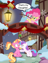 Size: 3000x4000 | Tagged: safe, artist:ejlightning007arts, derpibooru import, li'l cheese, luster dawn, pinkie pie, princess flurry heart, alicorn, earth pony, pony, unicorn, the last problem, bell, christmas, cute, eyes closed, female, flurrydawn, hearth's warming eve, holiday, kissing, lamp, lesbian, mare, mistletoe, mother and child, mother and daughter, older, older flurry heart, parent and child, parent:pinkie pie, ponyville, shipping, suprised look, unexpected