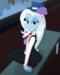 Size: 1250x1556 | Tagged: safe, artist:charliexe, artist:grapefruitface1, derpibooru import, trixie, equestria girls, base used, bench, city, clothes, gameloft, gameloft interpretation, hat, looking at you, necktie, outdoors, sidewalk