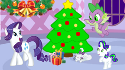 Size: 1280x720 | Tagged: safe, artist:mlplary6, artist:sparity, derpibooru import, opalescence, rarity, spike, oc, oc:pearl, dracony, dragon, hybrid, pony, unicorn, christmas, christmas tree, family, female, filly, holiday, interspecies offspring, male, offspring, parent:rarity, parent:spike, parents:sparity, present, shipping, sparity, straight, tree, winged spike