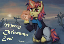 Size: 1280x888 | Tagged: safe, artist:monx94, derpibooru import, oc, oc only, pony, unicorn, christmas, clothes, commission, cup, ear fluff, full body, glowing horn, holiday, horn, looking at you, magic, male, mane, open mouth, outdoors, scarf, sitting, smiling, snow, solo, stallion, sun, sunset, winter