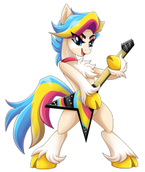 Size: 1807x2139 | Tagged: safe, alternate version, artist:feneksia, derpibooru import, oc, oc only, oc:rocket pop, earth pony, background removed, female, guitar, musical instrument, performance, show, standing