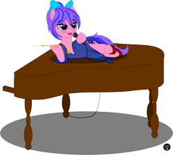 Size: 7065x6308 | Tagged: safe, artist:kyoshyu, derpibooru import, oc, oc:sweet iris, earth pony, pony, absurd resolution, bow, cigarette holder, clothes, dress, female, hair bow, mare, microphone, musical instrument, piano, simple background, solo, transparent background