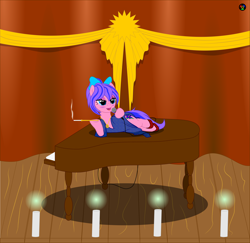 Size: 6000x5829 | Tagged: safe, alternate version, derpibooru import, oc, oc:sweet iris, earth pony, pony, absurd resolution, bow, cigarette holder, clothes, dress, female, hair bow, mare, microphone, musical instrument, piano, solo