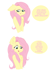 Size: 2585x3702 | Tagged: safe, artist:nightydream, derpibooru import, fluttershy, pegasus, pony, chest fluff, dialogue, female, shipping, simple background, solo, white background