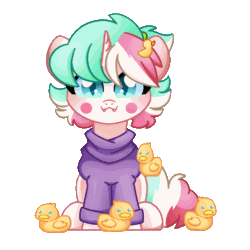 Size: 1400x1400 | Tagged: safe, artist:sugar morning, derpibooru import, oc, oc only, oc:cotton sweets, oc:cottonsweets, bird, duck, pony, unicorn, animated, clothes, cute, cute little fangs, duckling, female, floppy ears, gif, hairpin, looking at you, mare, ocbetes, secret santa, simple background, sitting, solo, sweater, transparent background, weapons-grade cute