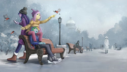 Size: 1920x1080 | Tagged: safe, artist:vyazinrei, derpibooru import, fluttershy, rainbow dash, twilight sparkle, bird, equestria girls, bench, bullfinch, cellphone, clothes, converse, phone, shoes, smartphone, snow, snowfall, streetlight, winter, winter outfit