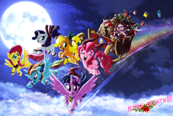 Size: 4000x2693 | Tagged: safe, artist:mauroz, derpibooru import, apple bloom, applejack, fluttershy, pinkie pie, rainbow dash, rarity, scootaloo, spike, sweetie belle, twilight sparkle, twilight sparkle (alicorn), alicorn, earth pony, human, pegasus, pony, unicorn, collaboration, anime, backwards cutie mark, christmas, cutie mark crusaders, full moon, holiday, humanized, mane six, merry christmas, moon, present, self ponidox, trace