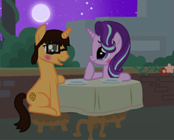 Size: 789x633 | Tagged: safe, artist:starlightglimmerfan1, derpibooru import, starlight glimmer, oc, oc:brandon, unicorn, blushing, female, love, male, mare, moon, night, romantic, shipping, stallion, stars, supper