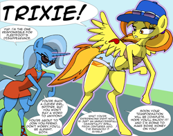 Size: 2722x2146 | Tagged: safe, artist:greeneyedmistress, derpibooru import, spitfire, trixie, pegasus, pony, unicorn, clothes, comic, female, glasses, magic, mare, text, transformation