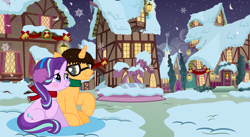 Size: 3306x1814 | Tagged: safe, artist:starlightglimmerfan1, derpibooru import, starlight glimmer, oc, oc:brandon, unicorn, blushing, christmas, christmas love, cold, cold night, female, holiday, love, male, mare, night, ponyville, shipping, snow, stallion