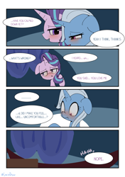 Size: 3035x4299 | Tagged: safe, artist:lexiedraw, derpibooru import, starlight glimmer, trixie, pony, unicorn, blushing, comic, dialogue, drunk, female, high res, lesbian, mare, shipping, startrix