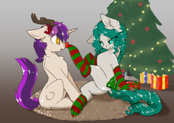 Size: 1479x1047 | Tagged: safe, artist:wbp, derpibooru import, oc, oc only, oc:silph, oc:sourichan, pony, boop, christmas, christmas tree, clothes, holiday, noseboop, seductive look, simple background, sitting, socks, striped socks, tree