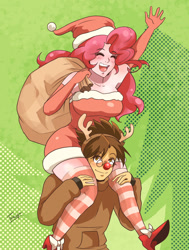 Size: 1223x1620 | Tagged: safe, artist:traupa, derpibooru import, pinkie pie, oc, oc:copper plume, human, animal costume, antlers, bag, breasts, canon x oc, carrying, christmas, christmas stocking, clothes, commission, commissioner:imperfectxiii, copperpie, costume, female, freckles, glasses, gloves, hat, holiday, humanized, long gloves, male, pinkie pies, red nose, reindeer antlers, reindeer costume, santa hat, shipping, shoes, shoulder ride, smiling, socks, straight, striped socks, striped stockings