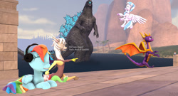 Size: 1280x692 | Tagged: safe, artist:hatsampixie2, derpibooru import, discord, eris, rainbow dash, silverstream, pegasus, pony, 3d, crossover, dexter, dexter's laboratory, gmod, godzilla, godzilla (monsterverse), godzilla (series), headphones, monsterverse, rule 63, spyro the dragon, wat