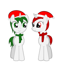 Size: 1520x1780 | Tagged: safe, artist:strategypony, derpibooru import, oc, oc only, oc:reno, oc:ruby, pony, unicorn, christmas, clothes, female, hat, holiday, looking at each other, santa hat, scarf, siblings, simple background, sisters, transparent background