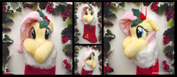 Size: 4020x1754 | Tagged: safe, artist:peruserofpieces, derpibooru import, fluttershy, pegasus, pony, christmas, christmas stocking, cute, female, floppy ears, garland, hiding behind hooves, holiday, holly, looking at you, mare, peruserofpieces is trying to murder us, shy, shyabetes, solo