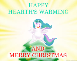 Size: 1113x887 | Tagged: safe, artist:banebuster, derpibooru import, princess celestia, alicorn, pony, series:tiny tia, catasterism, christmas, christmas tree, holiday, open mouth, pointy ponies, tree