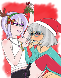 Size: 3600x4600 | Tagged: safe, artist:chango-tan, derpibooru import, diamond tiara, silver spoon, human, antlers, blushing, child, christmas, female, glasses, hat, holiday, humanized, lesbian, makeup, mistletoe, reindeer antlers, santa hat, shipping, silvertiara