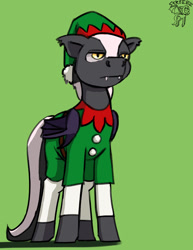Size: 900x1165 | Tagged: safe, artist:warskunk, derpibooru import, oc, oc only, oc:warskunk, bat pony, pony, bat pony oc, bat wings, christmas outfit, clothes, fangs, floppy ears, folded wings, green background, hat, male, simple background, solo, stallion, wings
