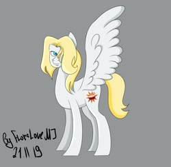 Size: 1394x1358 | Tagged: safe, artist:flame_heart_98, derpibooru import, pegasus, pony, gray background, hair over one eye, ponified, signature, simple background, solo, wings