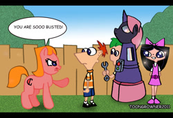 Size: 900x614 | Tagged: safe, artist:toongrowner, derpibooru import, human, pony, candace flynn, crossover, ferb fletcher, implied transformation, isabella garcia shapiro, machine, phineas and ferb, phineas flynn, ponified