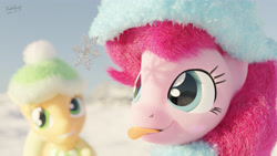 Size: 3840x2160 | Tagged: safe, artist:dashyoshi, derpibooru import, applejack, pinkie pie, earth pony, pony, 3d, blender, blender cycles, christmas, clothes, holiday, mountain, scarf, snow, snowflake, solo, tongue out, winter outfit