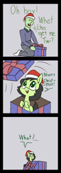 Size: 491x1383 | Tagged: safe, artist:happy harvey, derpibooru import, oc, oc:anon, oc:anon filly, earth pony, human, pony, adult, bow, christmas, clothes, colored pupils, drawn on phone, female, filly, gray background, hat, holiday, implied twilight sparkle, looking up, male, offscreen character, pajamas, present, ribbon, santa hat, simple background, socks, transformation, transgender transformation
