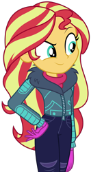 Size: 1547x2906 | Tagged: safe, artist:sketchmcreations, derpibooru import, sunset shimmer, better together, equestria girls, holidays unwrapped, clothes, coat, determined, female, gloves, hand on hip, raised eyebrow, saving pinkie's pie, simple background, smiling, transparent background, vector, winter outfit