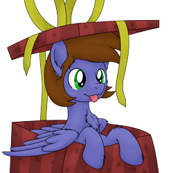 Size: 3216x3216 | Tagged: safe, artist:djdavid98, derpibooru import, oc, oc only, oc:peeps, pegasus, pony, :p, box, cheek fluff, chest fluff, ear fluff, folded wings, gift art, gift box, high res, hoof fluff, hooves, male, pony in a box, present, secret santa, simple background, soft shading, solo, stallion, tongue out, transparent background, wings