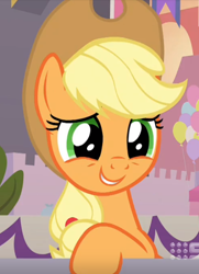 Size: 530x732 | Tagged: safe, derpibooru import, screencap, applejack, earth pony, pony, memories and more, spoiler:memories and more, cropped, cute, jackabetes, smiling, solo