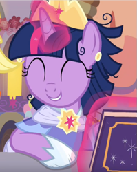 Size: 577x724 | Tagged: safe, derpibooru import, screencap, twilight sparkle, twilight sparkle (alicorn), alicorn, pony, memories and more, spoiler:memories and more, clothes, coronation dress, cropped, crown, cute, dress, glowing horn, horn, jewelry, messy mane, regalia, smiling, solo, twiabetes