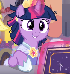 Size: 674x721 | Tagged: safe, derpibooru import, screencap, twilight sparkle, twilight sparkle (alicorn), alicorn, pony, memories and more, spoiler:memories and more, book, clothes, coronation dress, cropped, crown, cute, dress, glowing horn, horn, jewelry, levitation, magic, regalia, smiling, solo, telekinesis, twiabetes