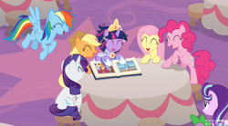 Size: 1181x655 | Tagged: safe, derpibooru import, screencap, applejack, fluttershy, pinkie pie, rainbow dash, rarity, starlight glimmer, twilight sparkle, twilight sparkle (alicorn), alicorn, earth pony, pegasus, pony, unicorn, memories and more, spoiler:memories and more, book, cropped, cute, flying, group, laughing, mane six, offscreen character, open mouth, sitting, table