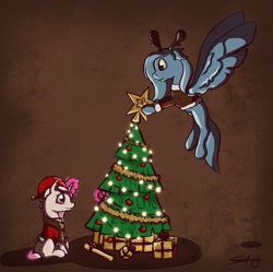 Size: 2231x2226 | Tagged: safe, artist:safizejaart, derpibooru import, oc, oc only, oc:thinker blue, pegasus, unicorn, christmas, christmas clothing, christmas lights, christmas tree, clothes, hat, holiday, horn, pegasus oc, present, santa hat, simple background, sweater, tree, unicorn oc, wings