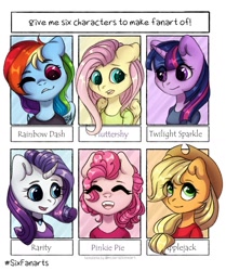 Size: 857x1024 | Tagged: safe, artist:misterowluvu, derpibooru import, applejack, fluttershy, pinkie pie, rainbow dash, rarity, twilight sparkle, unicorn twilight, anthro, earth pony, pegasus, unicorn, :d, bust, choker, clothes, cute, eyes closed, female, hat, mane six, one eye closed, open mouth, portrait, six fanarts, translation request, wink