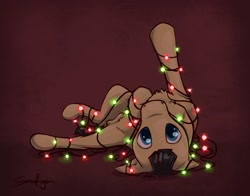 Size: 2011x1579 | Tagged: safe, artist:safizejaart, derpibooru import, oc, oc only, earth pony, christmas, christmas lights, earth pony oc, holiday, lying down, simple background