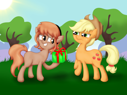 Size: 4032x3024 | Tagged: safe, artist:background basset, derpibooru exclusive, derpibooru import, applejack, oc, oc:thingpone, earth pony, pony, angry, duo, duo female, female, gift box, gift giving