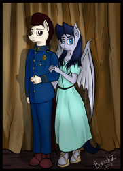 Size: 1300x1800 | Tagged: safe, artist:borsch-zebrovich, derpibooru import, oc, anthro, bat pony, earth pony, unguligrade anthro, bat pony oc, bat wings, boots, clothes, dress, duet, family photo, female, male, mare, married couple, police, shoes, stallion, uniform, wedding ring, wings