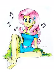 Size: 1574x2079 | Tagged: safe, artist:liaaqila, derpibooru import, fluttershy, equestria girls, barefoot, cute, feet, fetish, foot fetish, foot tapping, music notes, shyabetes, sitting, solo, tapping