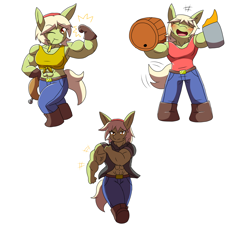 Size: 2000x1900 | Tagged: safe, artist:metadoodles, derpibooru import, granny smith, anthro, abs, bicep, blushing, boots, chibi, cider, clothes, commission, female, flexing, gloves, granny smash, jeans, mare, muscles, muscular female, one eye closed, pants, shoes, smiling, sports bra, vein bulge, wink, young granny smith, younger