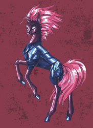 Size: 1024x1407 | Tagged: safe, artist:just-rat, derpibooru import, tempest shadow, pony, unicorn, armor, broken horn, eye scar, female, horn, mare, rearing, red background, scar, signature, simple background, solo, traditional art