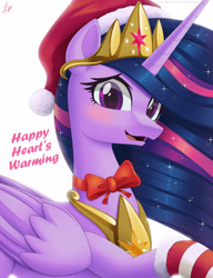 Size: 2500x3250 | Tagged: safe, derpibooru import, princess twilight 2.0, twilight sparkle, twilight sparkle (alicorn), alicorn, pony, the last problem, bow, christmas, clothes, crown, ethereal mane, female, folded wings, hat, hearth's warming eve, holiday, jewelry, mare, misspelling, nervous, older, older twilight, open mouth, peytral, regalia, santa hat, socks, solo, starry mane, striped socks, wings