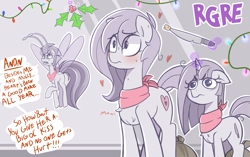 Size: 2335x1470 | Tagged: safe, artist:nignogs, oc, oc only, oc:heartthrob, oc:maggie, oc:molly cutter, breezie, earth pony, pony, /mlp/, 4chan, bandit, blushing, christmas, christmas lights, cork, female, filly, heart, holiday, holly, holly mistaken for mistletoe, implied anon, knife, magic, mare, neckerchief, offscreen character, reversed gender roles equestria, reversed gender roles equestria general, speech bubble, telekinesis, threat