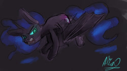 Size: 1920x1080 | Tagged: safe, artist:aliceg, nightmare moon, alicorn, pony, gorgoalice daily pony, angry, bat wings, black background, black coat, blue mane, cutie mark, cyan eyes, ears, fangs, female, horn, looking to the right, mare, missing accessory, signature, simple background, solo, wings
