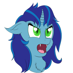 Size: 7680x7680 | Tagged: safe, artist:tlmoonguardian, oc, oc only, oc:sapphire soulfire, alicorn, bat pony, bat pony alicorn, hybrid, unicorn, absurd resolution, anger management issues, angry, bat sapphire soulfire, blue coat, blue mane, bust, chest fluff, commission, commissioner:sapphie, disguised changeling, ears, fangs, female, floppy ears, gift art, glowing eyes, green eyes, hissing, horn, looking at someone, mare, open mouth, portrait, simple background, slit eyes, solo, tongue, transparent background