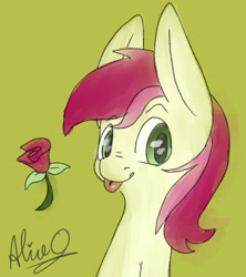 Size: 1920x2160 | Tagged: safe, artist:aliceg, roseluck, earth pony, pony, gorgoalice daily pony, blepping, ears, female, green background, green eyes, looking at you, mare, red mane, rose, signature, simple background, solo, tongue out, yellow coat