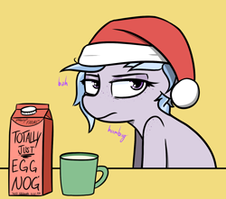 Size: 1450x1280 | Tagged: safe, artist:pinkberry, oc, oc only, oc:winter azure, earth pony, pony, christmas, colt, eggnog, femboy, foal, freckles, frown, girly, hat, holiday, looking offscreen, male, mug, santa hat, shoulder freckles, simple background, solo, spiked drink, tired, trap, upset, yellow background