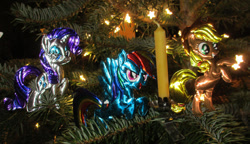 Size: 1024x588 | Tagged: safe, artist:malte279, derpibooru import, applejack, rainbow dash, rarity, earth pony, pegasus, pony, unicorn, christmas, christmas lights, christmas tree, craft, hearth's warming eve, holiday, metal foil, relief, tree